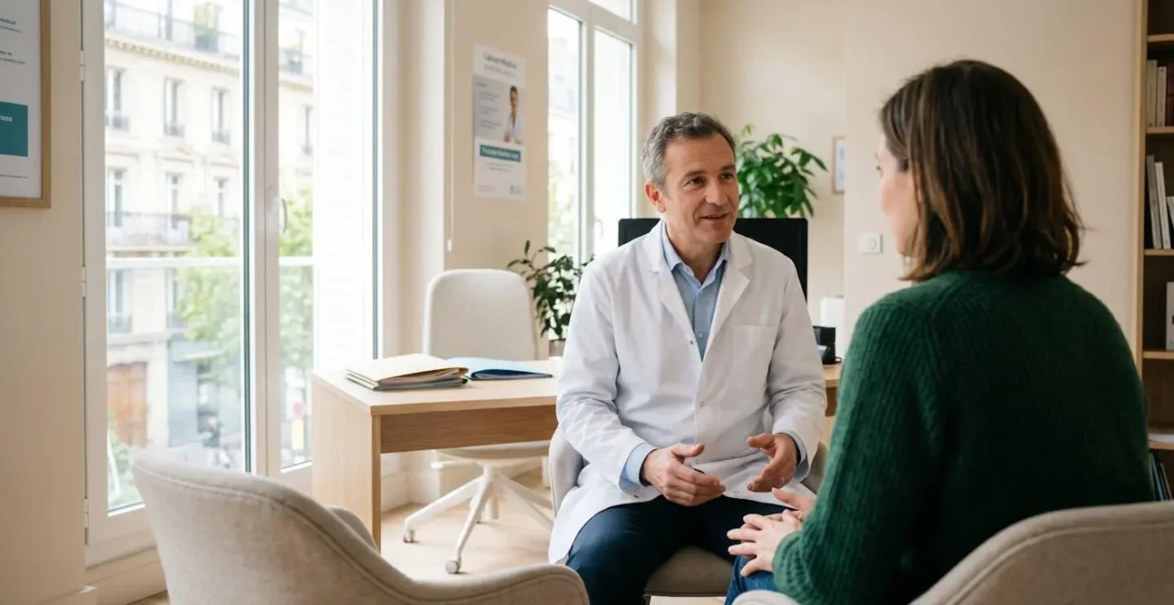 Une patiente vue de profil trois-quarts écoute les explications d'un chirurgien en blouse blanche, dans un cabinet médical lumineux parisien contemporain