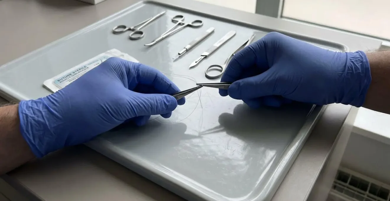 Gros plan extrême sur une main gantée de chirurgien tenant un instrument chirurgical fin avec des fils de suture ultra-fins visibles, arrière-plan totalement flouté