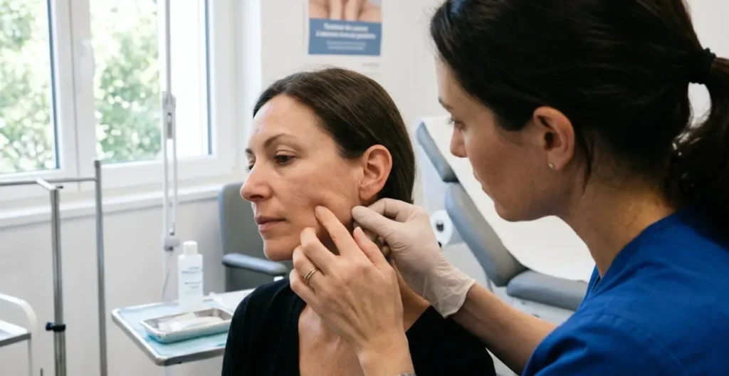 Vue rapprochée des mains d'un praticien médical effectuant un examen clinique de la texture cutanée du visage d'une patiente, éclairage médical naturel Vue rapprochée des mains d'un praticien médical effectuant un examen clinique de la texture cutanée du visage d'une patiente, éclairage médical naturel